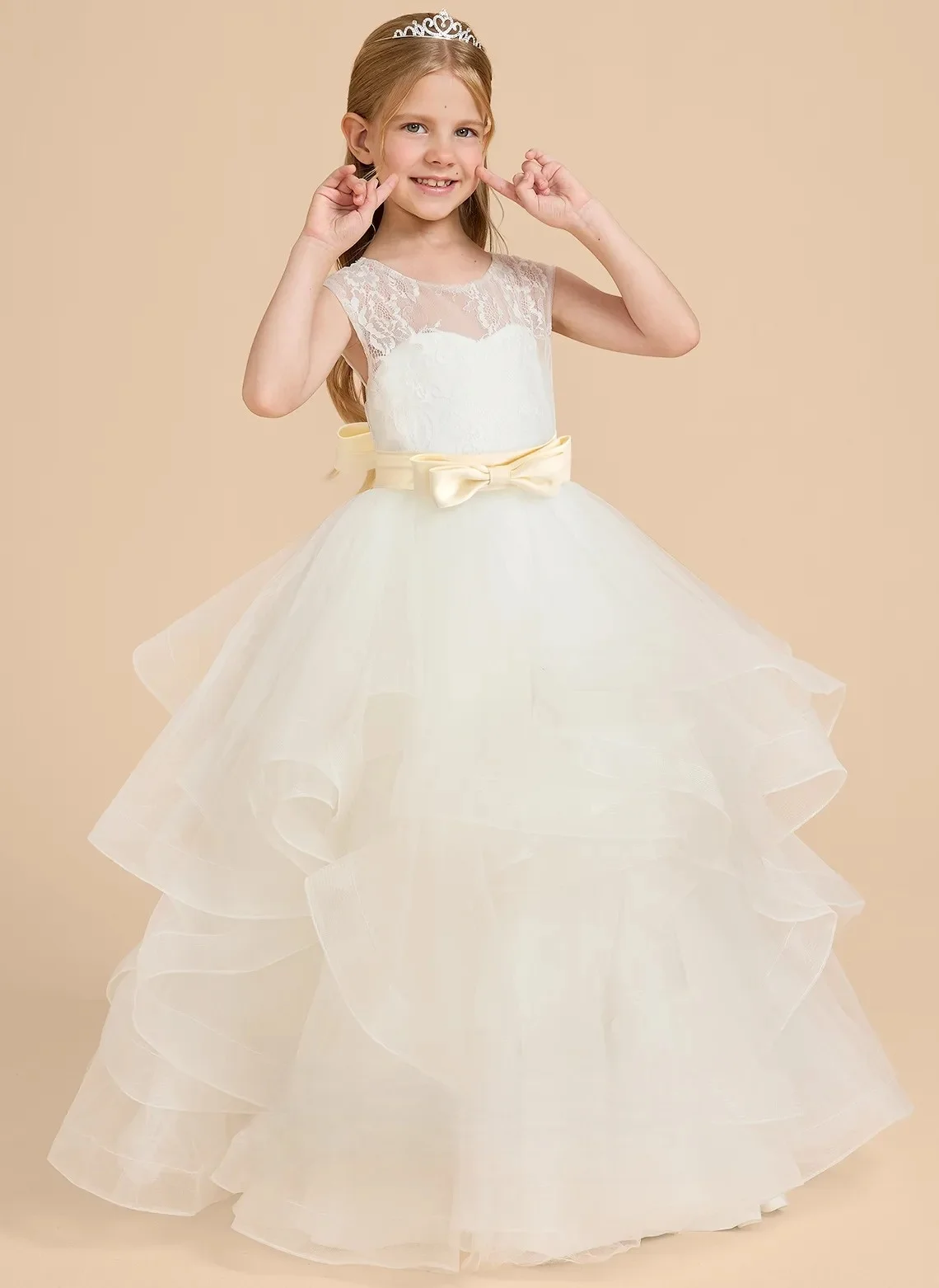 Elegant flower girl dress, girl's lace sleeveless dress, multi-layered mesh puffy dress, children's piano performance dress