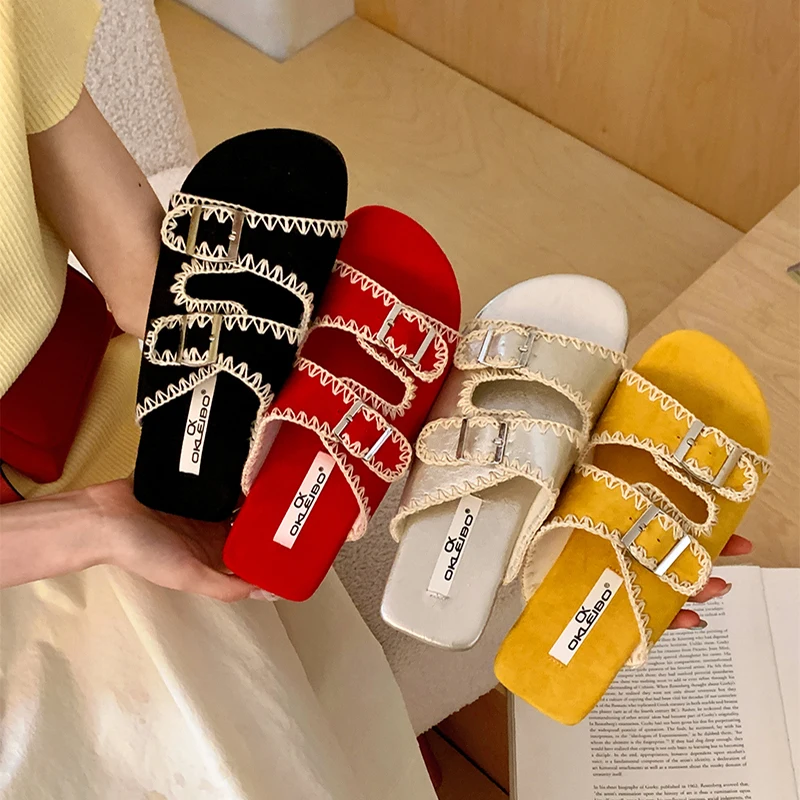

Yellow Flat Slippers Summer Ladies Sandals Red Belt Buckle Flats Woman Lazy Shoes Leisure Slippers Black Sandals Femme 2026