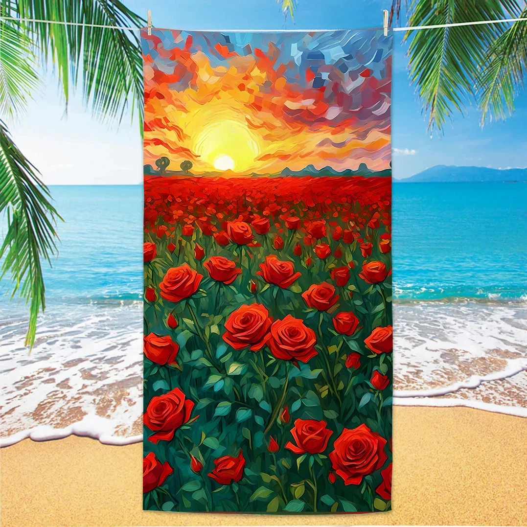 

Rose Pattern Beach Towel, Digital Printing Thin Quick-Dry Anti-Sand Microfiber Lightweight for Swim, Yoga, Travel, Gym, Gift