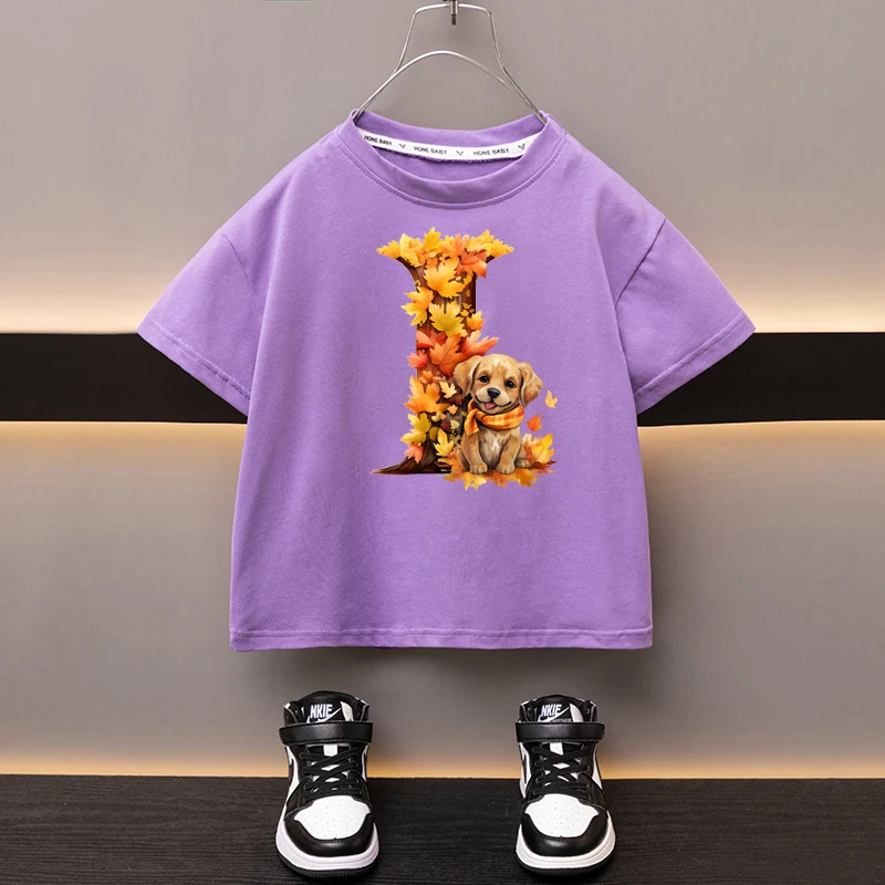 Maple Leaves Letter I Children T-shirt Kawaii Clothes for Girls T Shirt Anime Cartoons Casual Kid Boy Short Sleeve Tops New 2024