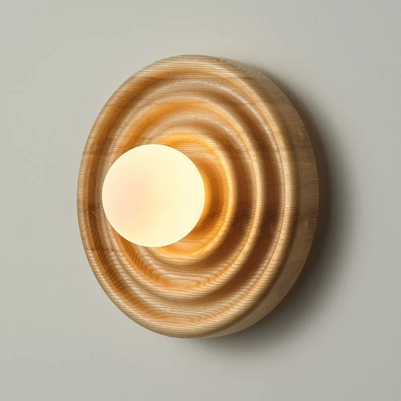 Lámpara de pared de madera de Fresno circular, luz LED de Color madera oscura para decoración de sala de estar, candelabro creativo para pasillo