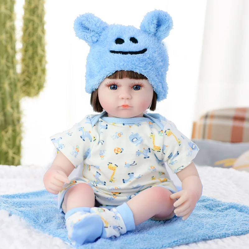 Reborn Baby Doll Imitation Baby Doll Enamel Soft Rubber Doll Blue Cartoon Graffiti Short Hair Children's Toy Gift 42cm