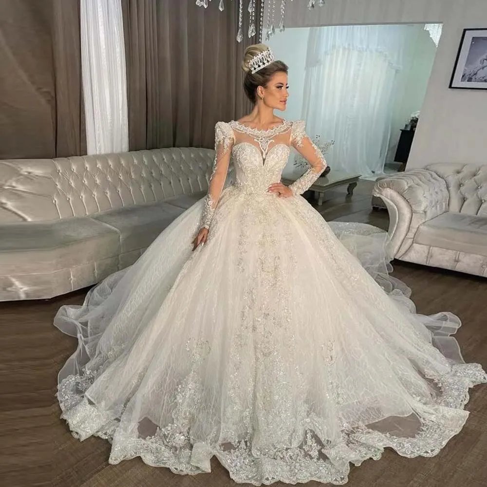 Luxo princesa vestido de baile vestidos de casamento brilhante lantejoulas rendas apliques frisado noiva vestidos de casamento personalizado vestido de noiva