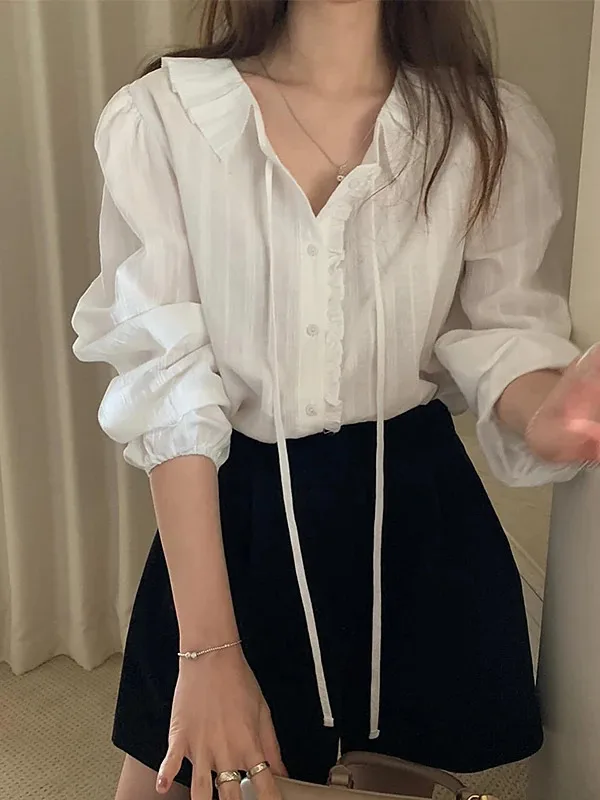 

Sweet Slish White Shirt Long Sleeve Layering Top For Younger Look Early Spring Polyester Fiber 00% Women's Fashion Shirts MW78