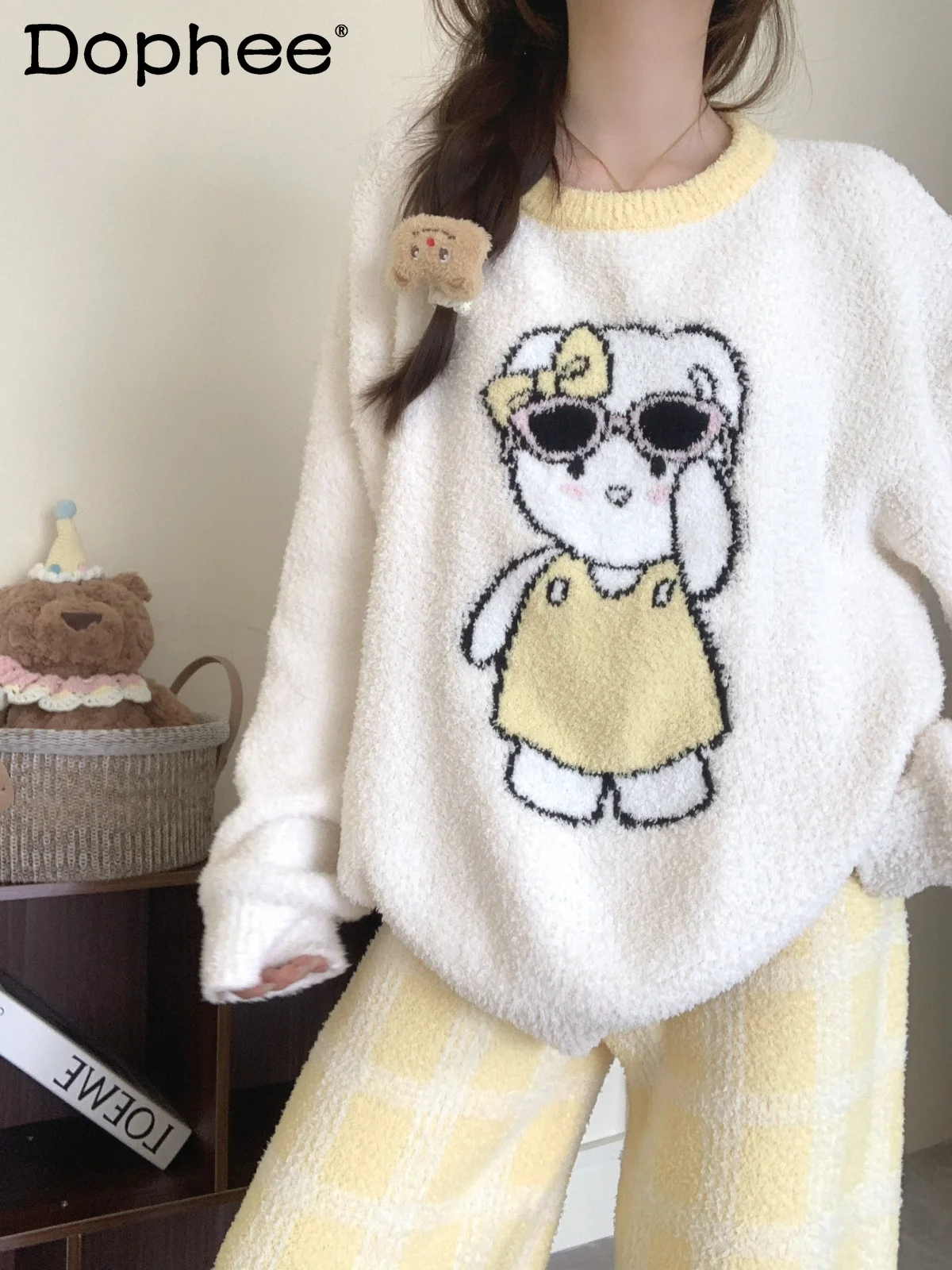 

Winter Japanese Style Ins Cartoon Cat Round Neck Long Sleeve Pajamas for Women Warm Half Fleece 2025 Autumn Winter New Homewear