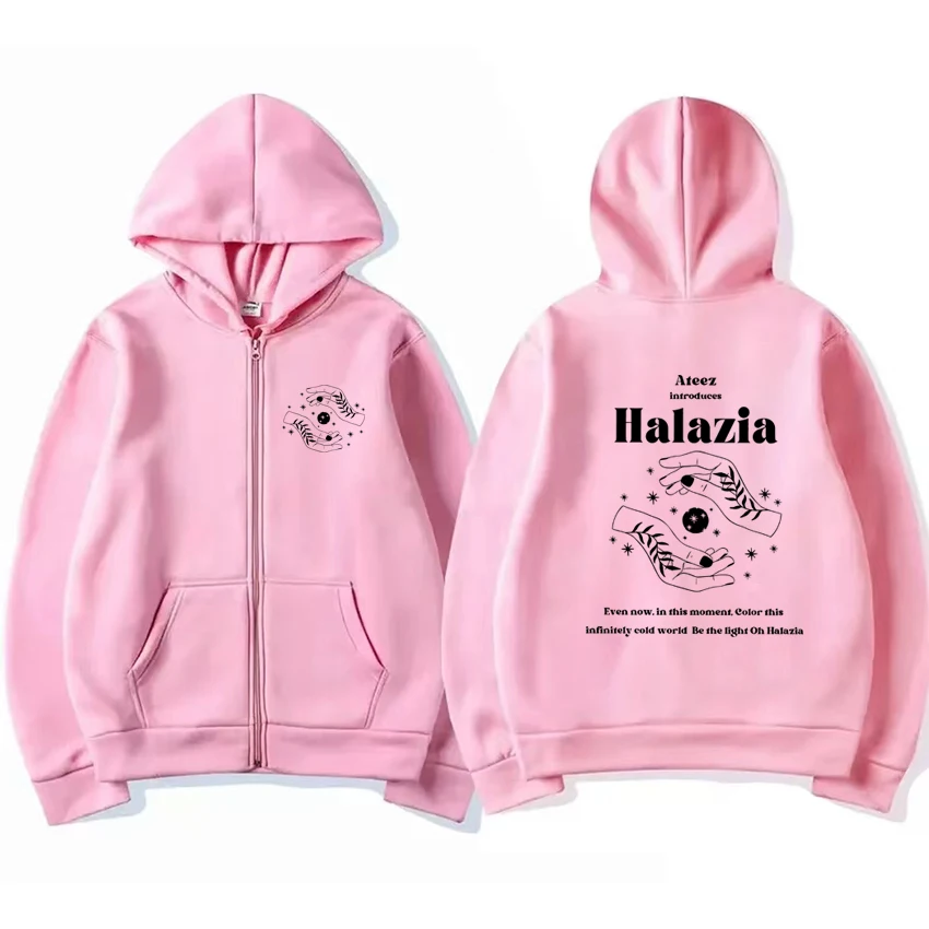 Kpop ateez band halazia เสื้อโค้ทมีฮู้ดพิมพ์ลายสองด้านผู้ชายผู้หญิงวินเทจ Y2k ซิปแจ็คเก็ตสำหรับทุกเพศเสื้อฟลีซกันหนาวสีดำ