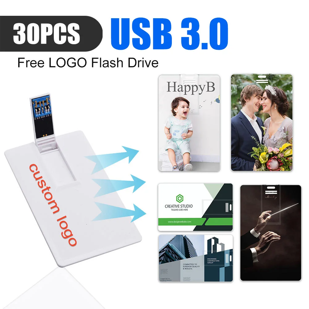 

30PCS/lot Custom Logo Print Picture 64GB USB3.0 Flash Drive 8GB 16GB Credit Card Pendrive Business Name Shaped Usb Memory Stick