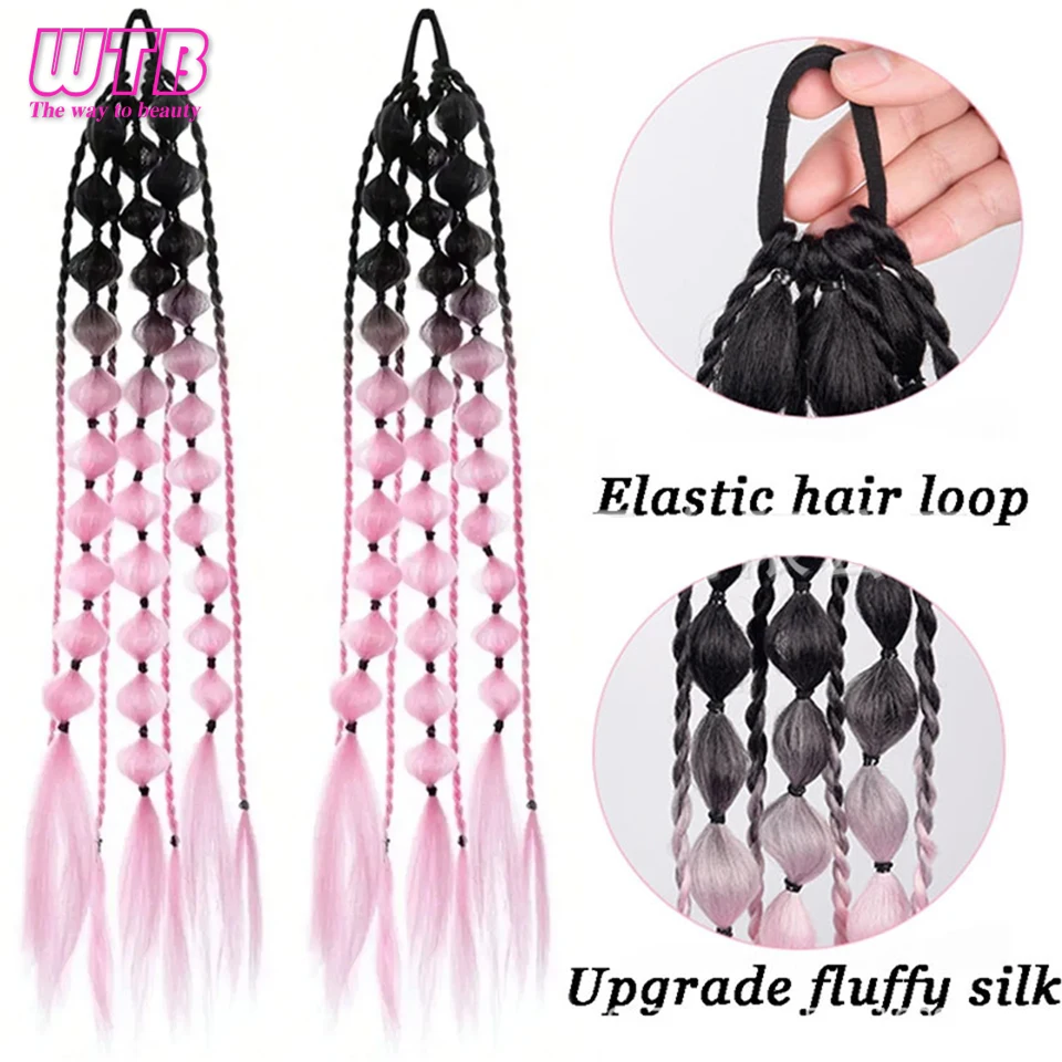 วิกผมปลอมแบบหางม้า 2 ชิ้น สีชมพู ยาว ทรงบับเบิ้ลถักเปีย แบบตรงหยิกเล็กน้อย สำหรับผู้หญิงและเด็กผู้หญิง ใช้สำหรับแต่งกายในวันฮาโลวีน