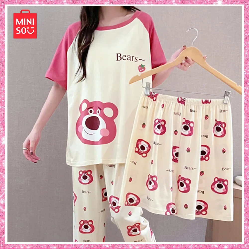 2024 Miniso Lotso New Summer Sweet Cool Cute Cartoon Pajamas Milk Silk Casual Loungewear Three Pieces Girls Birthday Gift