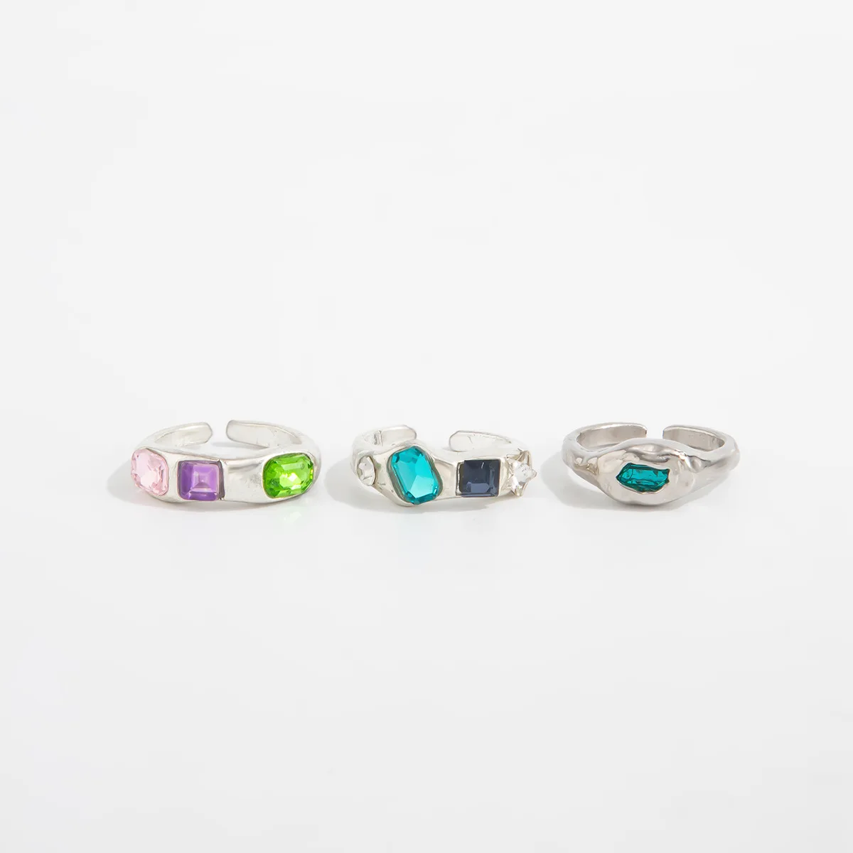 3pcs Luxury Irregular Geometric Colored Gemstone Toe Ring Set Fashion Metal Pleated Layered Open-toe Ring for Women Jewelry Gift