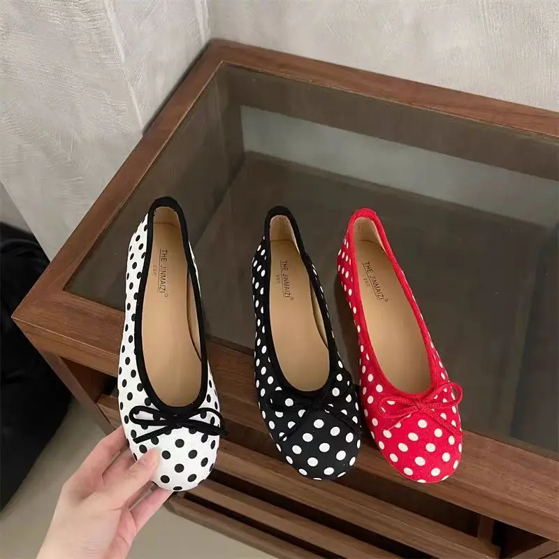 Women's Shoes Retro polka dot round toe flat shoes for women low-cut ballet flats with bow