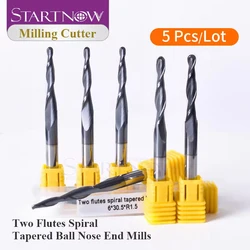 Startnow 5PCS Ball Nose Bits Tapered Two Flutes Spiral Milling Cutters Tungsten Carbide Wood Metal End Mills Engraving Bit