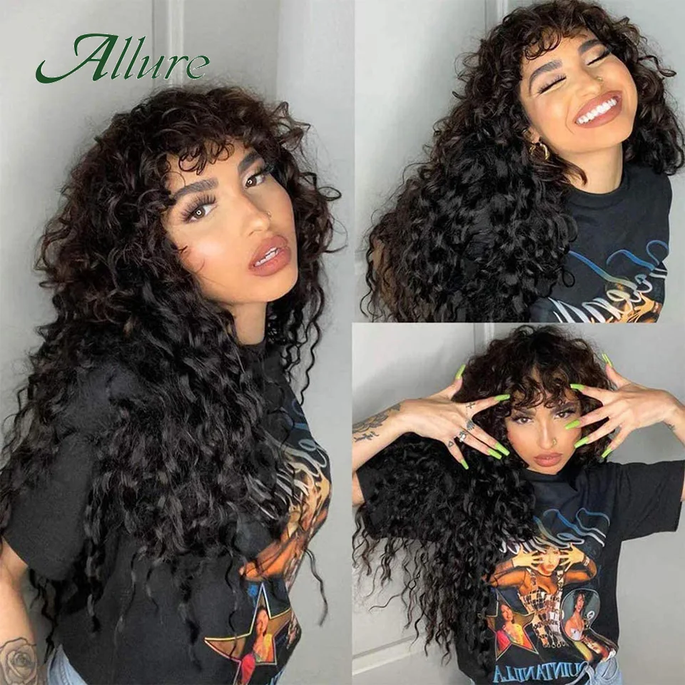 Natural Jerry Curly Wig With Bangs Human Hair Wigs Black Women Short Colored Burgundy Brown Glueless Brazilian Remy Hair Allure