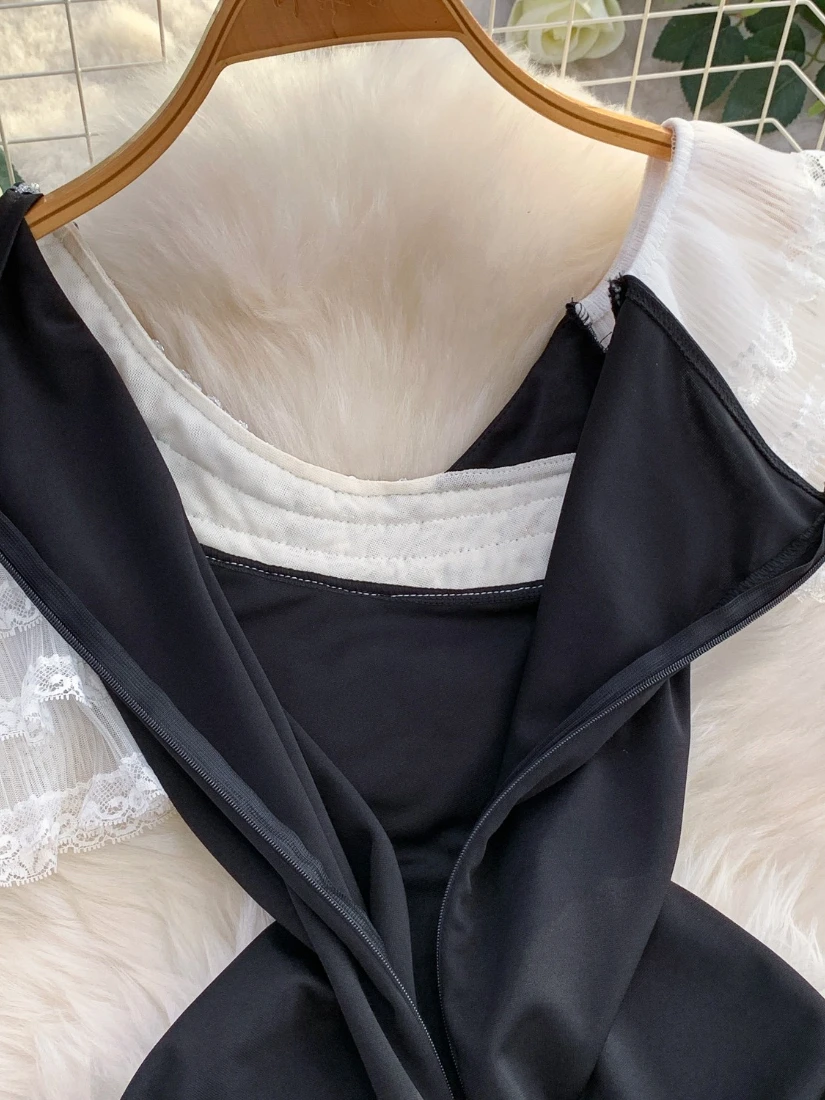 Foamlina vestido de verão feminino sexy lantejoulas retalhos fora do ombro em camadas malha rendas babados manga curta magro mini vestido de festa