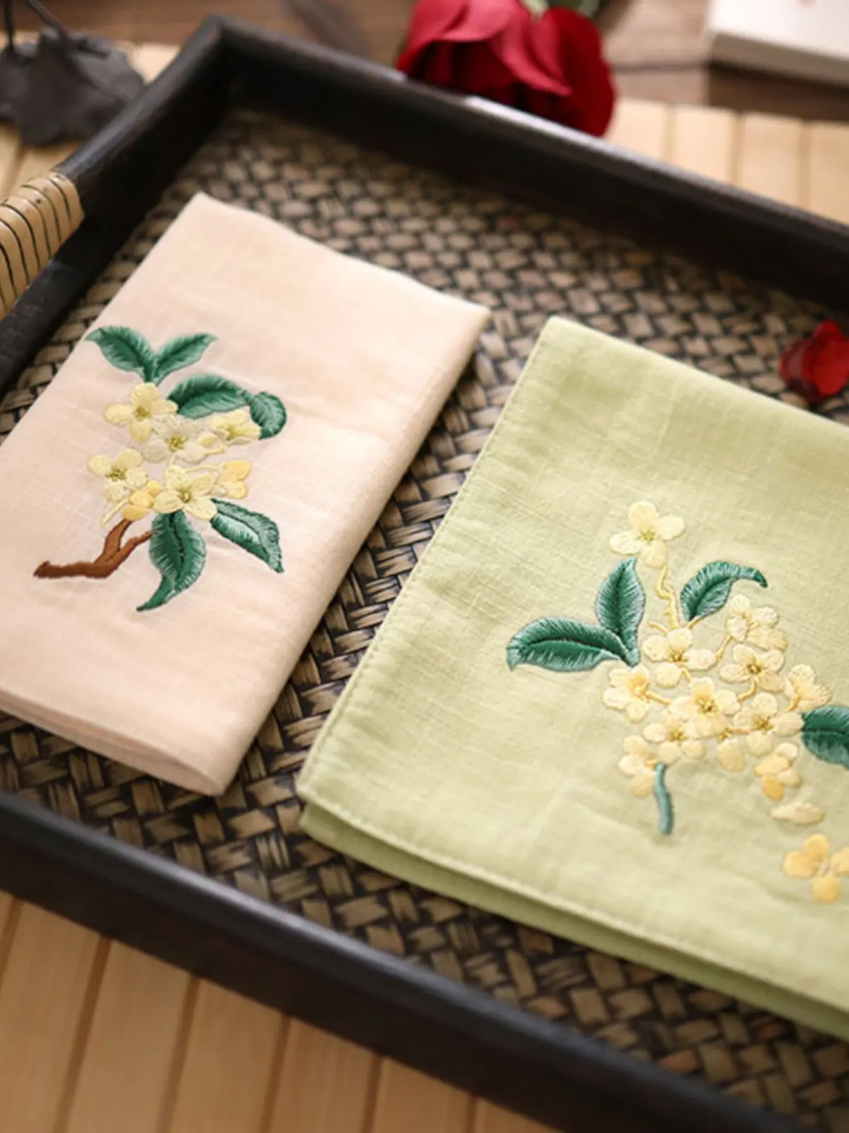 Traditional Chinese Style Osmanthus Embroidered Handkerchief 100% Pure Cotton Double Layer Soft Absorbent Square Hankies For Wom