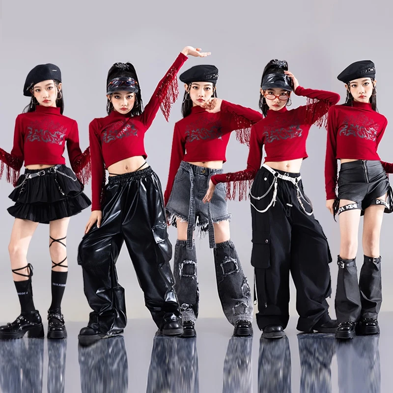 Kpop Dance Stage Outfit Girls Red Tassel Tops Black Skirt Shorts Pants Children Jazz Dance Costume Fashion Hip Hop Clothing 1349