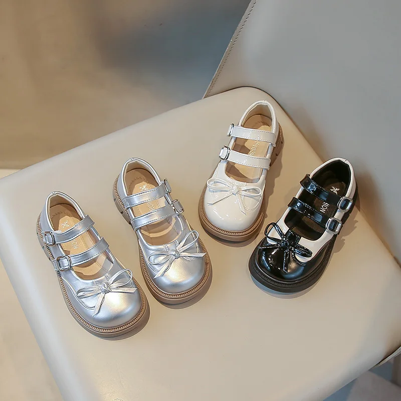 

Kids Leather Shoes Versatile Simple Bows Girls Princess Shoes Round Toes 2025 Brand New Children Flats Casual Double Hook&loop