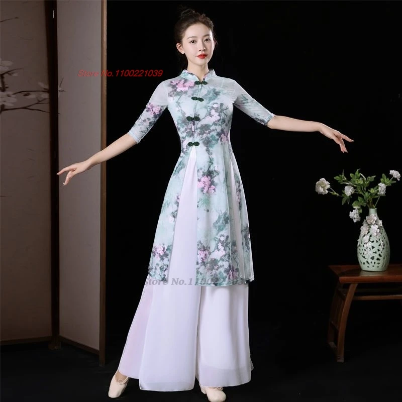 

2024 traditional chinese folk dance costume flower print mesh qipao dress+pants set retro stage dance performance qipao dress