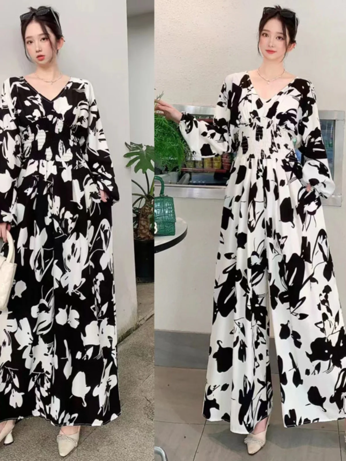 

Корейский костюм-двойка 2024: топ с длинным рукавом и брюки с широкими штанинами, с принтом, для пляжного отдыха