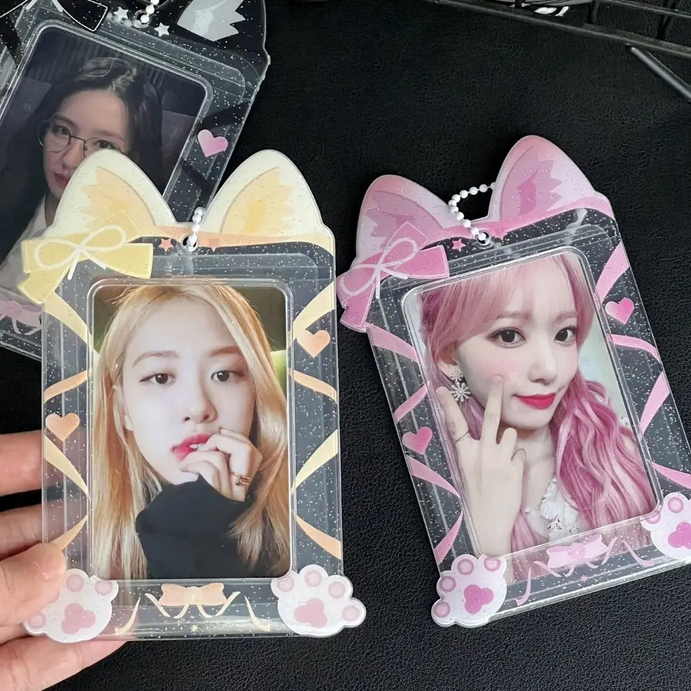 Clear Cat Photocard Holder INS Korean Style Kitty Bus Card Holder with Chain Protective Case Ribbon Bow Idol Photo Sleeve