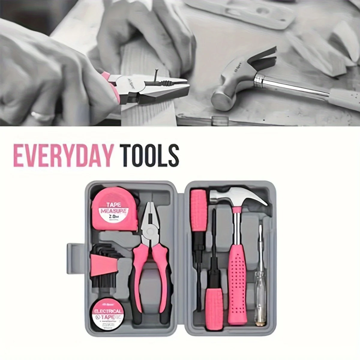 13pcs Tool Set Pink Household DIY Tool Kit for Women. Small Mini Tool Box Set of Starter Basic Ladies Tools