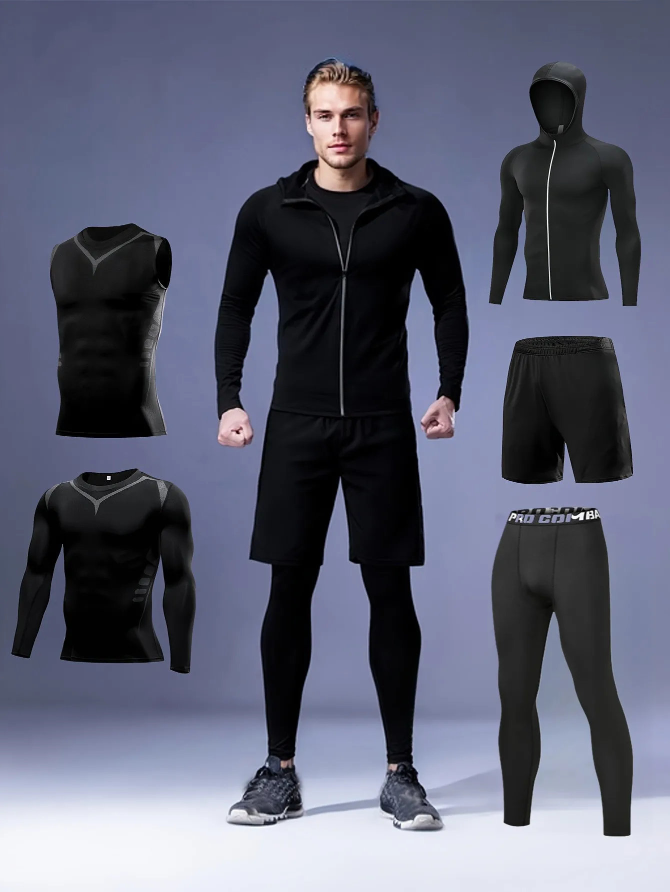 

5-piece men's fitness sportswear sweatshirt quick drying vest tight long sleeved training shorts running pants set