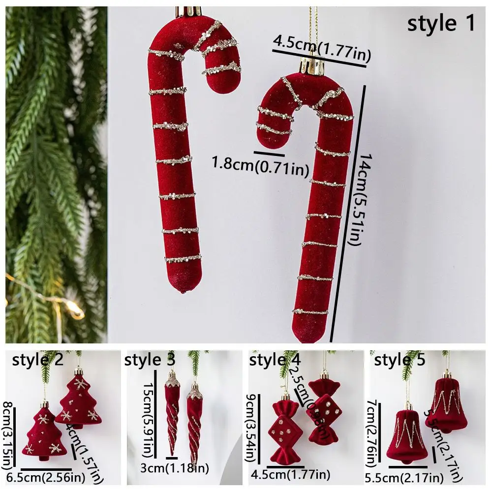 2pcs Red Christmas Tree Pendants Lollipop Bow Bell Candy Cane Pendants Flocked Velvet Candy Cane Ornaments Holiday Season