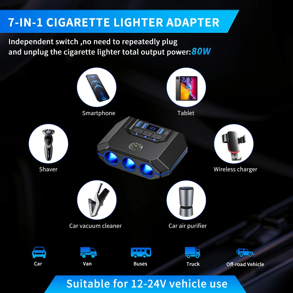 7-in-1 Zigarettenanzünder-Verteiler 120W 3-Port Auto-Ladegerät Adapter USB PD Stromanschluss mit EIN/AUS-Schaltern – Detail 7