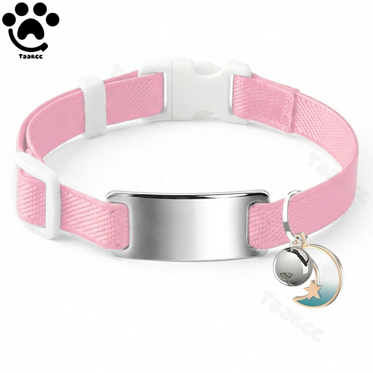 Op maat gemaakte elastische kattenhalsband met gratis gegraveerde puppy/kitten anti-verloren ID-naamplaatje, belletje & maan ornament