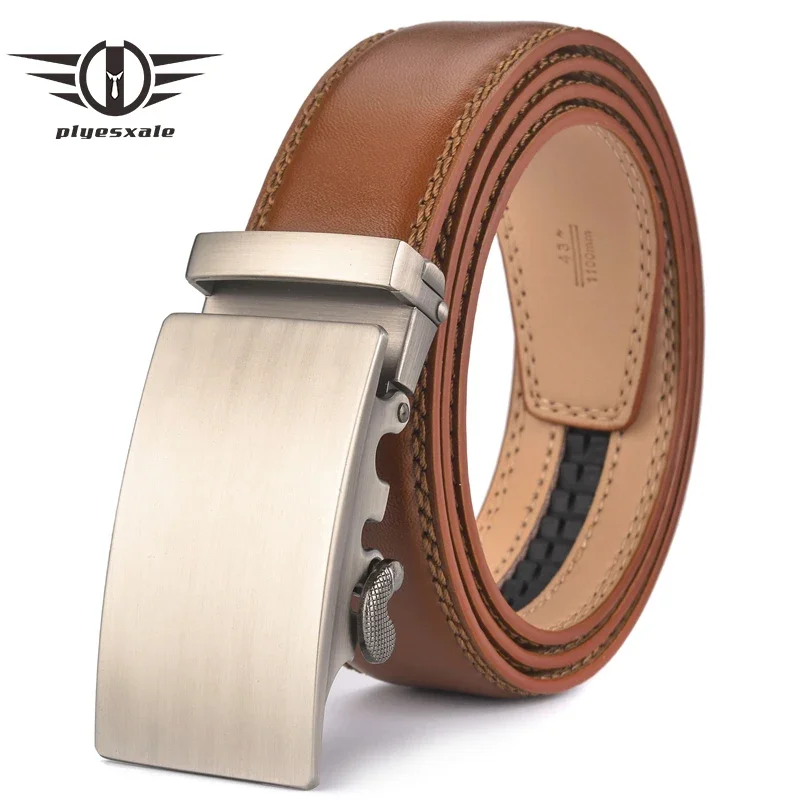 

Plyesxale Brown Leather Belt Men 2024 Automatic Buckle Mens Belt For Jeans Vintage Style Mens Belts Luxury Ceinture Homme B9