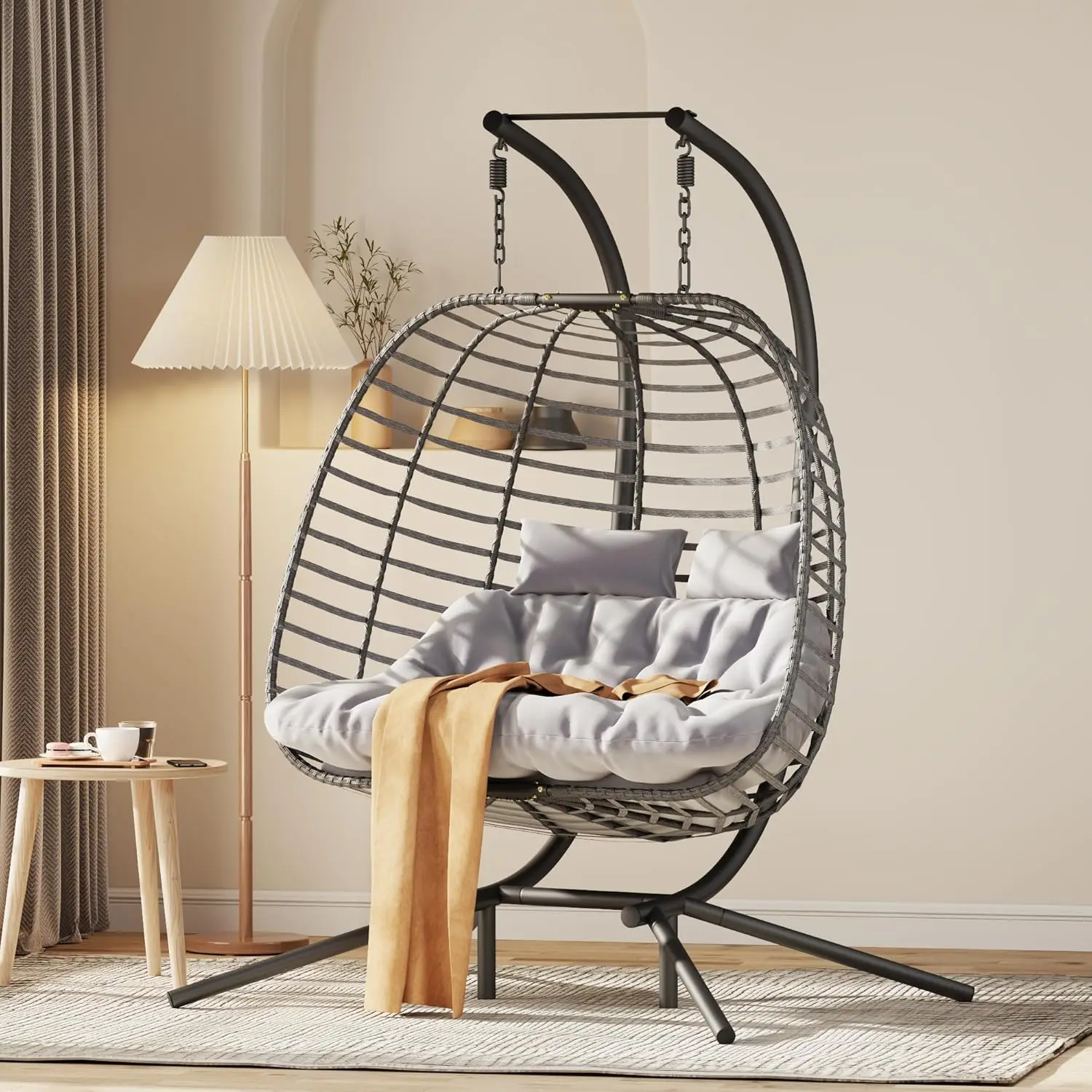 

Hanging Egg Chair wth Stand, Patio Hammock Swing Chair with Cushion Loveseat for Bedroom, Balcony, Garden, Indoor, Outdoor