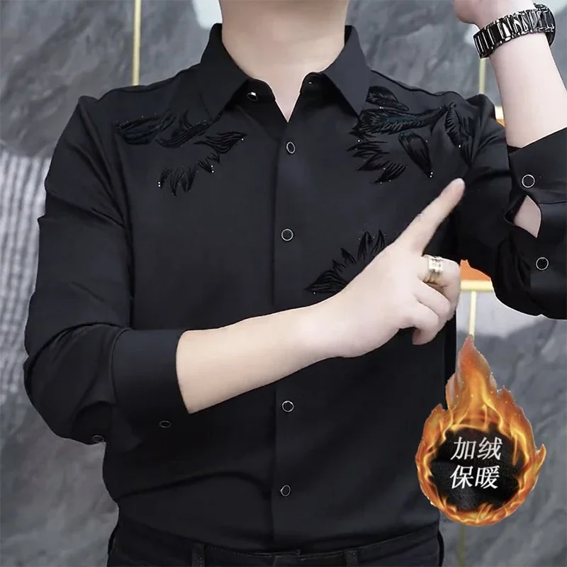 

Autumn Winter Polo-neck Add Plush Printing Bottomed Shirt Men Long Sleeve Diamons Black Top Casual Fashion Cardigan Blouse WT7