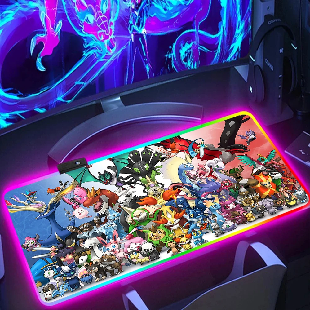 P-Pokemons Pikachus Gengars RGB PC Gamer Tastatur Mauspad Mousepad LED leuchtende Mausmatten Gummi Gaming Computer Mausepad