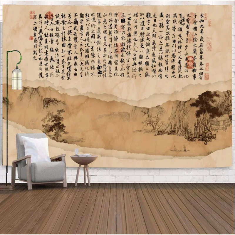 

VIKAMA Preface to the Orchid Pavilion Tapestry with Chinese Landscape Calligraphy for Bedroom Living Room Decor Aesthetic Retro