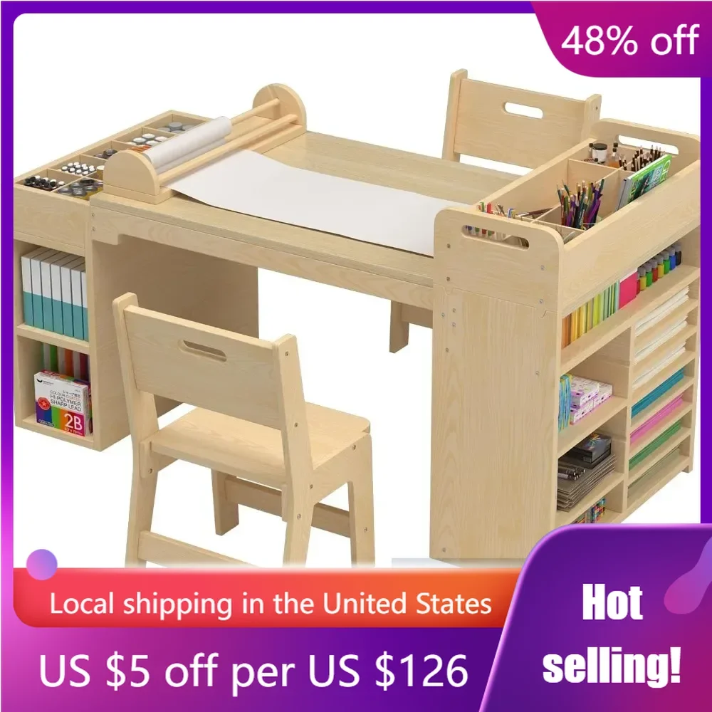 Kids Craft Table and Chair Set with Paper Roll Dispenser and Portable Art Supply Organizer for 4-12 Year Old,Kids Activity Table