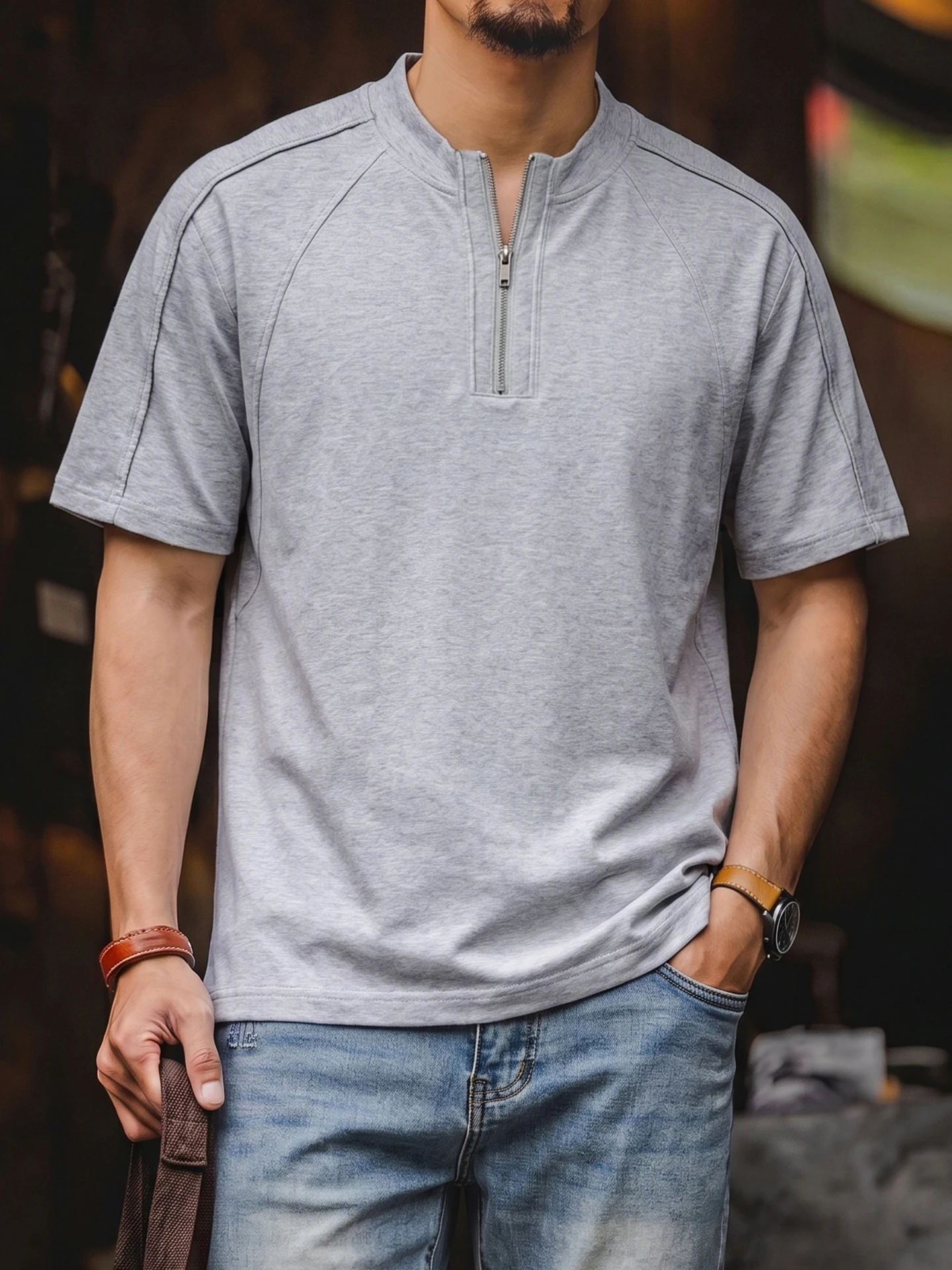 American Retro Stand Collar Half Zip Short Sleeve Men's Summer New Loose Grey Breathable Cool Feeling Half Sleeve T-Shirt Top
