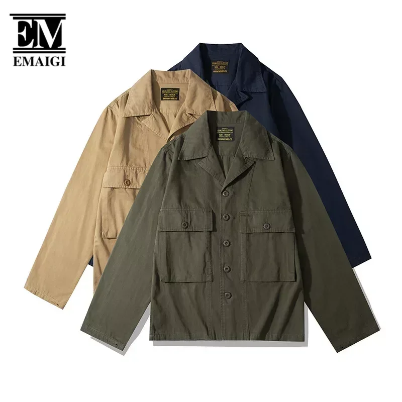 

Men Japan Streetwear Fashion Loose Casual Vintage Cuban Collar Long Sleeve Outdoor Cargo Shirts Jacket Male Spring Autumn Coat