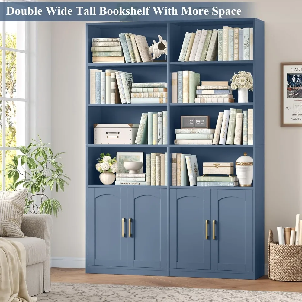 Bookshelf and Bookcase with Doors, 6 Tier Double Wide Large Bookshelves, Open Display Shelves, 73'' Tall Bookshelf with Storage