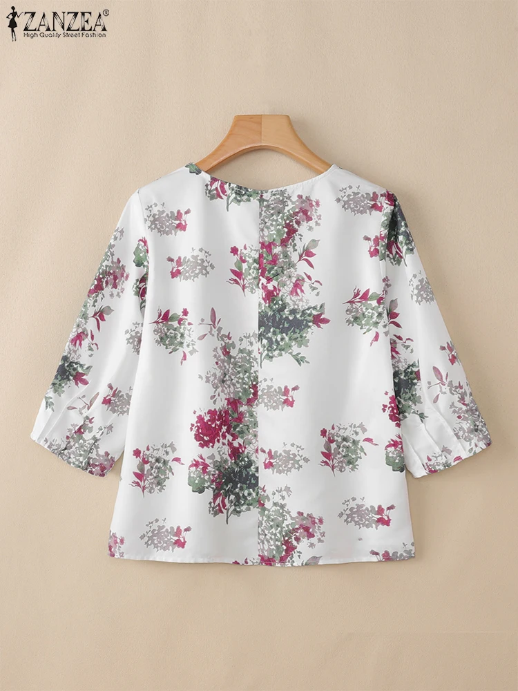 بلوزات صيفية كلاسيكية من ZANZEA لعام 2025 للسيدات بأكمام 3/4 بلوزة غير رسمية مطبوعة بالزهور ورقبة مستديرة بلوزات فضفاضة كبيرة الحجم