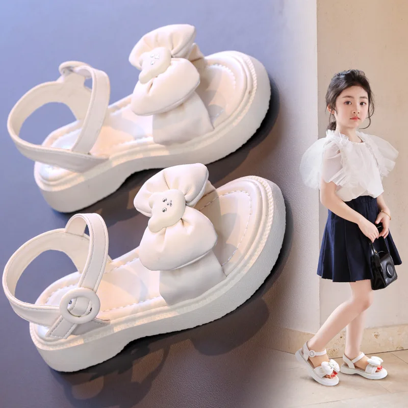 

New 2025 Children's Sandals for Girls Shoes for Kids Sports Summer Soft Flat Heels Beach Princess Fashion Bow Tie Shoes 26-37
