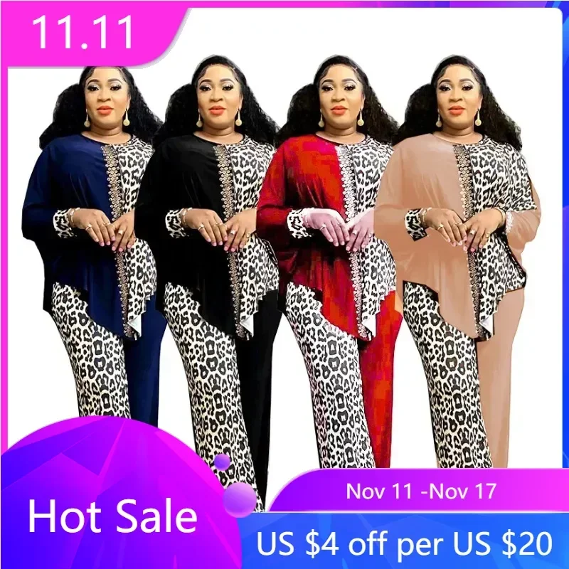 Dashiki African Clothing 2 Piece African Clothes for Women Autumn Elegant Long Sleeve O-neck Top Pant Plus Size Matching Sets