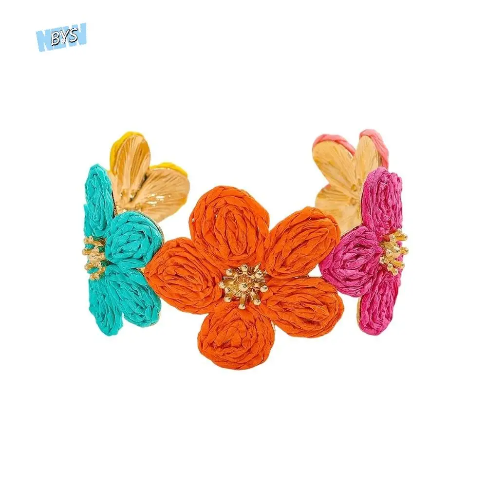 

Handmade Colorful Raffia Grass Bracelet C-shaped Alloy Woven Flower Bangle Fashion Vintage Hand Ring Gift