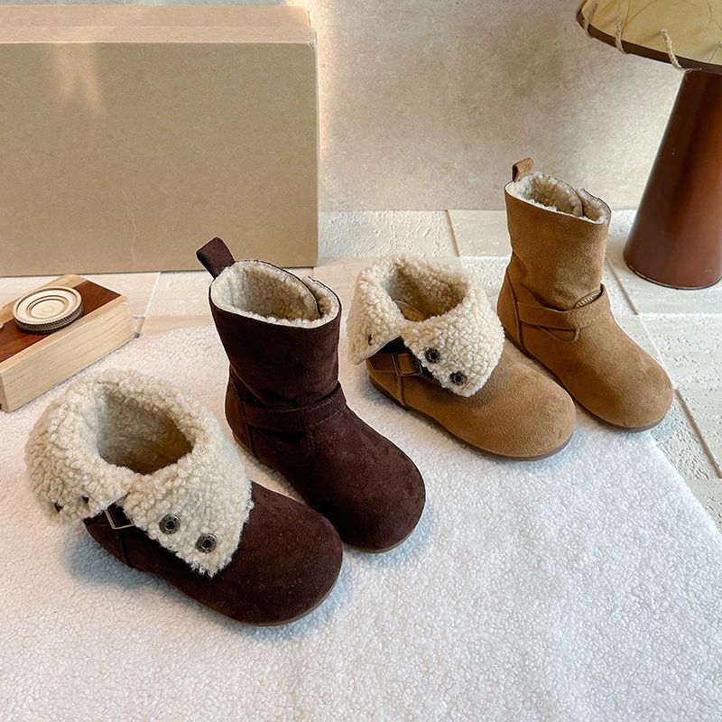 Girls Faux Shearling Leather Boots 2026 New Winter Toddler Warm Foldable Cuff Boots Non-slip Simple Princess School Party Boots