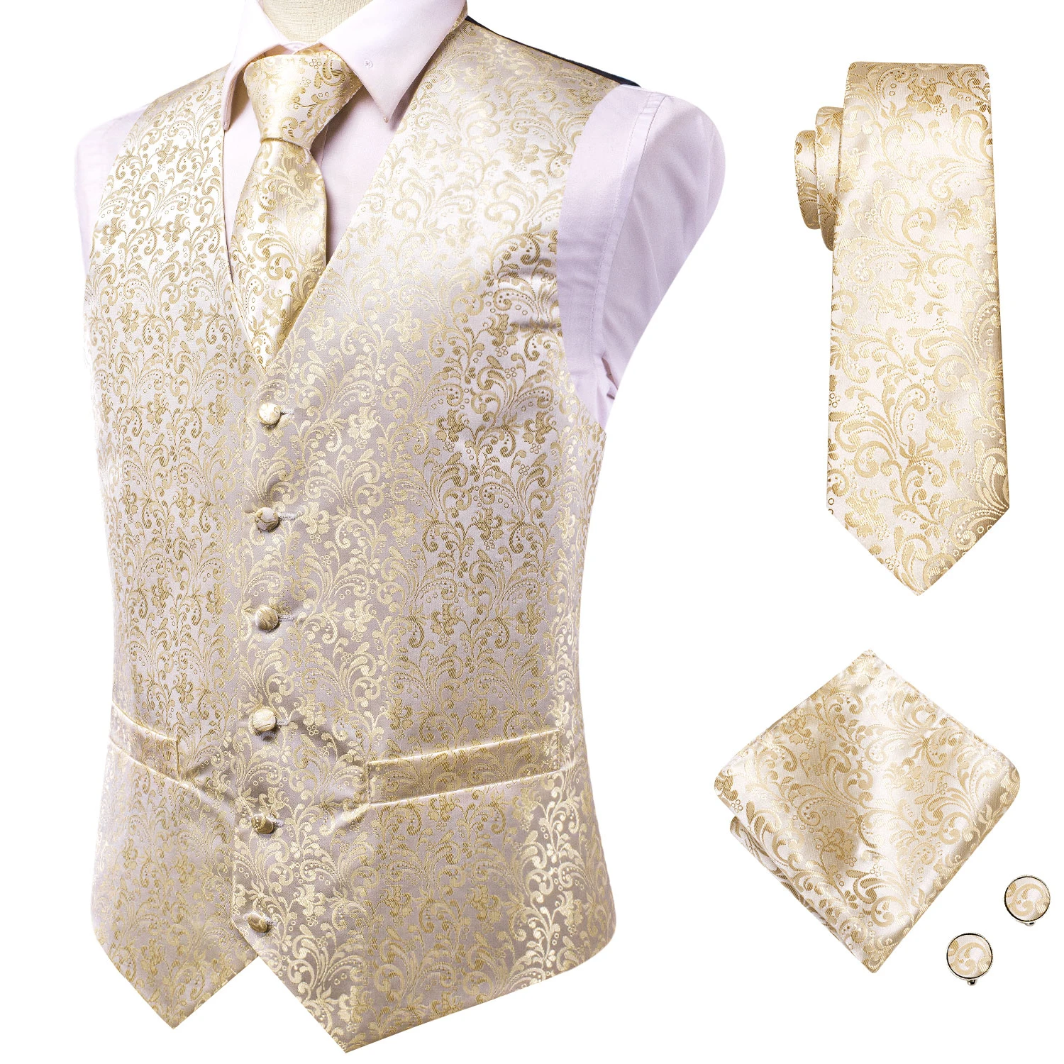 Hi-Tie Silk Champagne Vest Set For Men Gold Smart Casual Men\'s Vest Suit Yellow Waistcoat for Wedding Business Formal Jacket