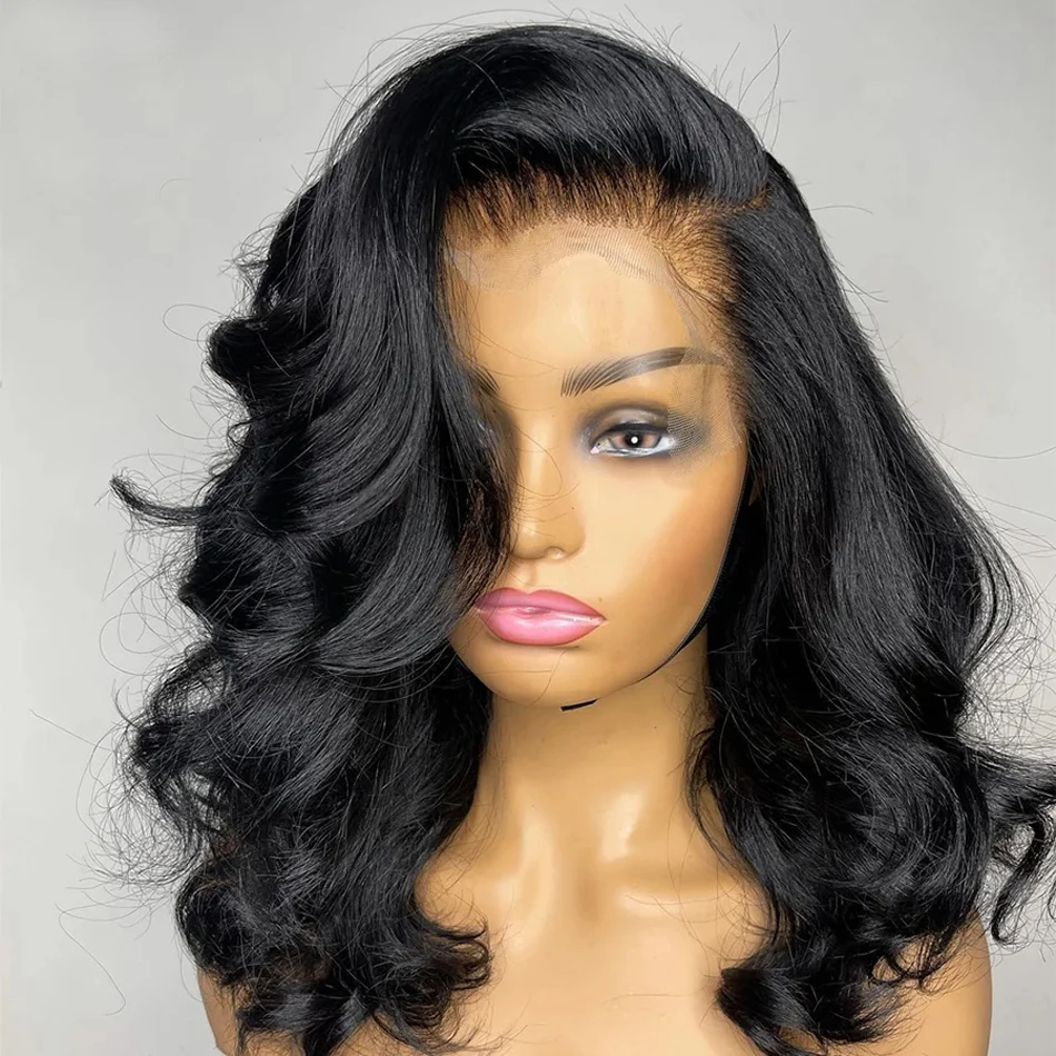 Rambut palsu Remy Brasil Remy pra pencabutan Bob pendek gelombang tubuh dengan kepadatan 180 Wig 13x4 rambut manusia depan renda Wig hitam wanita