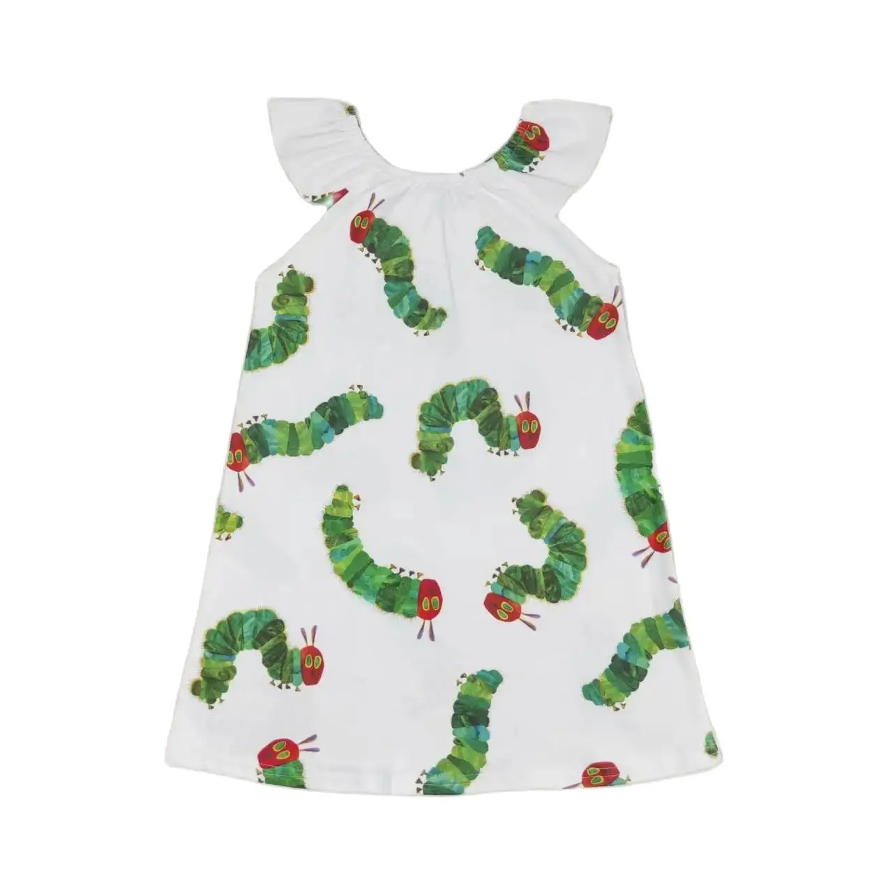 

GSD119 Kids Girls Dresses Flying Sleeves Top Cartoon Caterpillar White Print With Dress Children Clothes