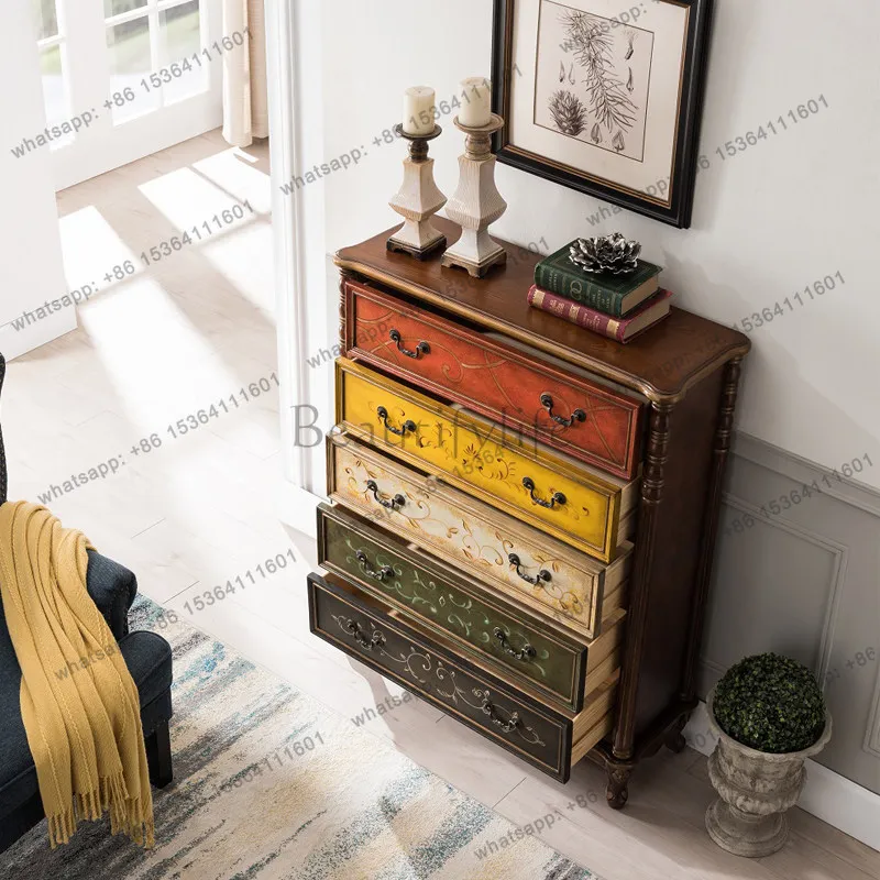 American country solid wood chest bedroom storage cabinet Roman column European living room side cabinet
