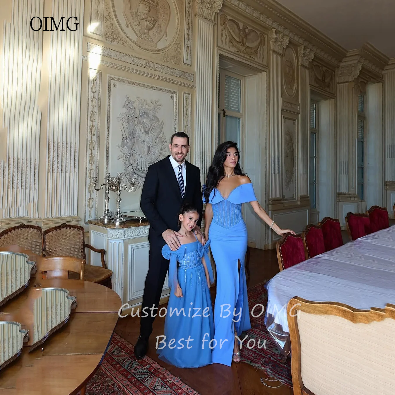 OIMG Märchen Weg Von Der Schulter Blau Meerjungfrau Prom Kleider Seite Schlitz Perlen Party Kleid Bodenlangen Abendkleid Angepasst