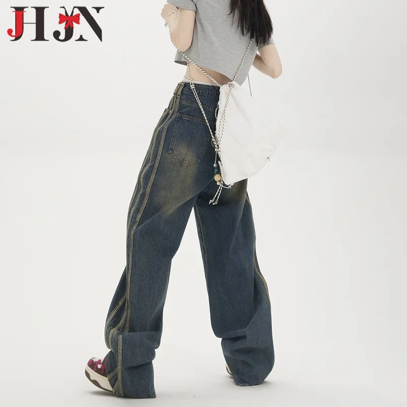 

JHJN новые винтажные женские джинсы с высокой талией, свободные брюки в полоску, потертые джинсовые брюки с боковой панелью, широкие брюки