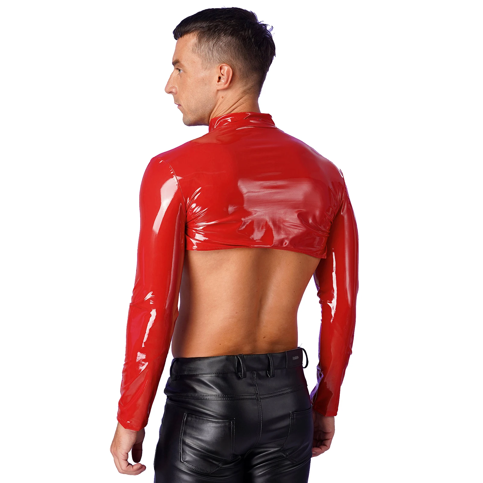 Mens Patent Leather Crop Top Front Zipper Arm Sleeve Shrug Slim Top Long Sleeve Cosplay Clubwear Carnivals Rave Party Costume